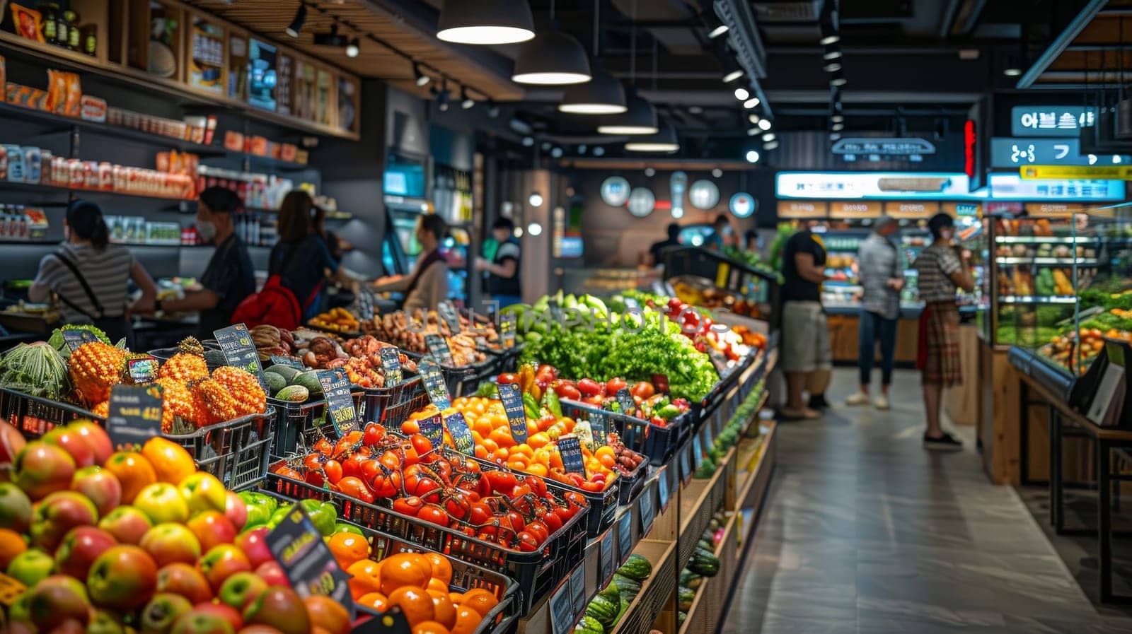 A busy grocery store with people shopping for produce. The atmosphere is lively and bustling. There are many different types of fruits and vegetables on display, including apples, oranges