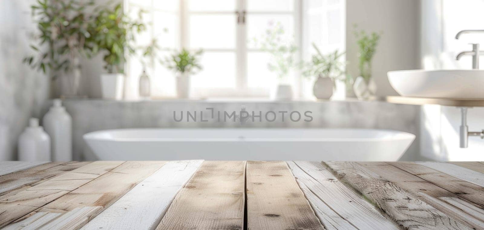 A bathroom with a wooden countertop and a white sink by AI generated image by wichayada