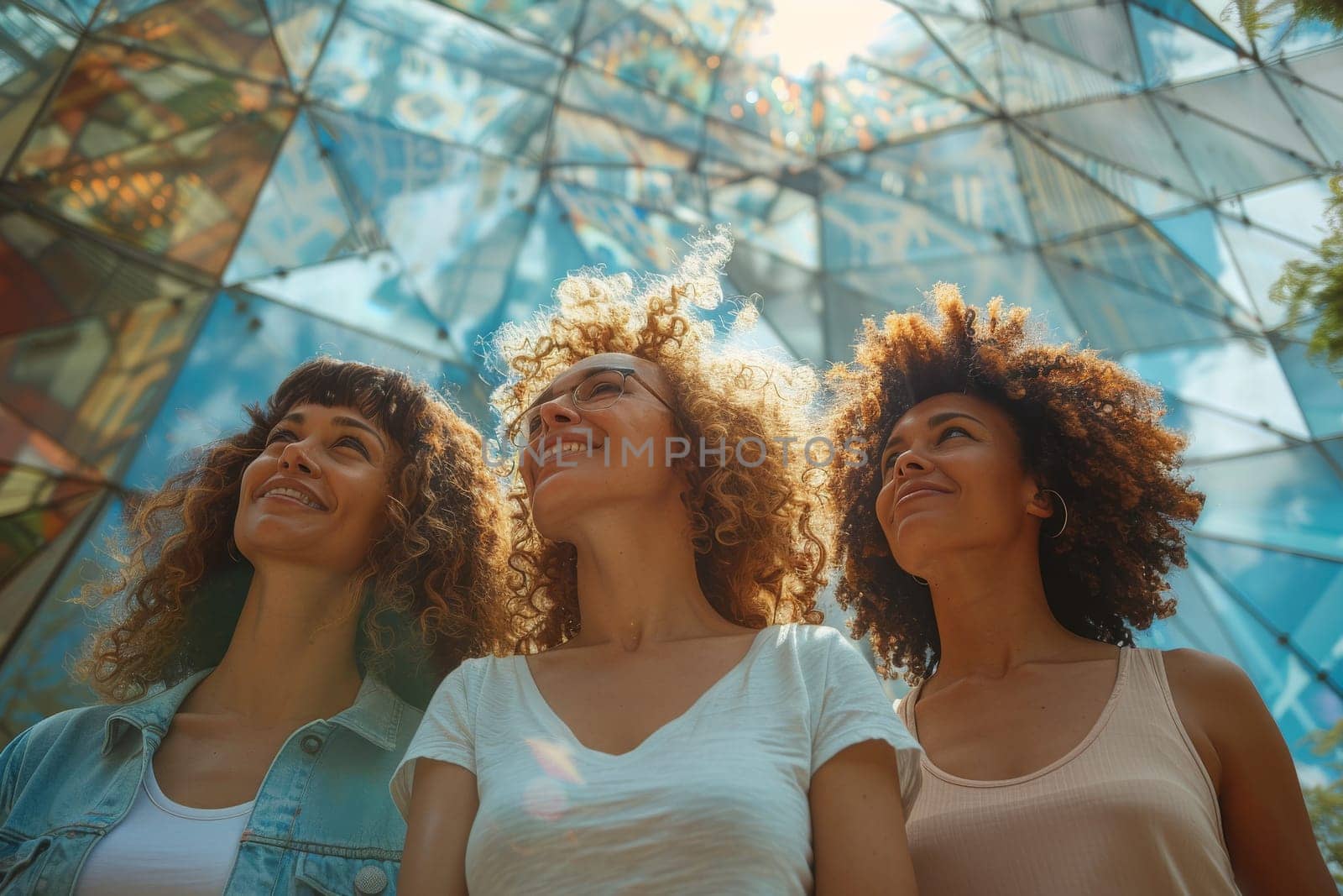 Three women with curly hair are smiling and standing together. They are wearing white shirts and one of them is wearing a blue jacket. Scene is happy and friendly