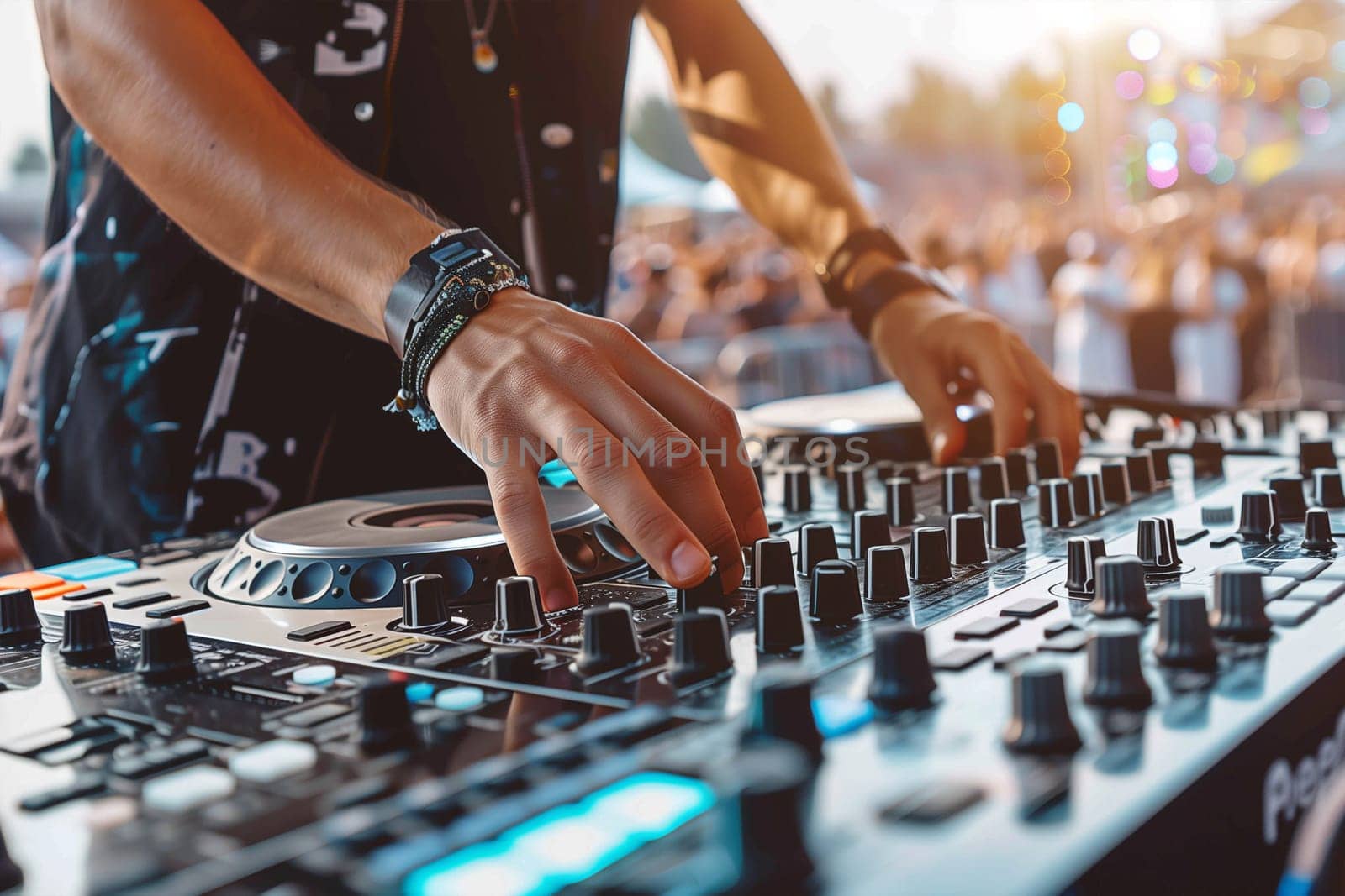 A DJ is energetically mixing music on stage in front of a large crowd at a music festival.