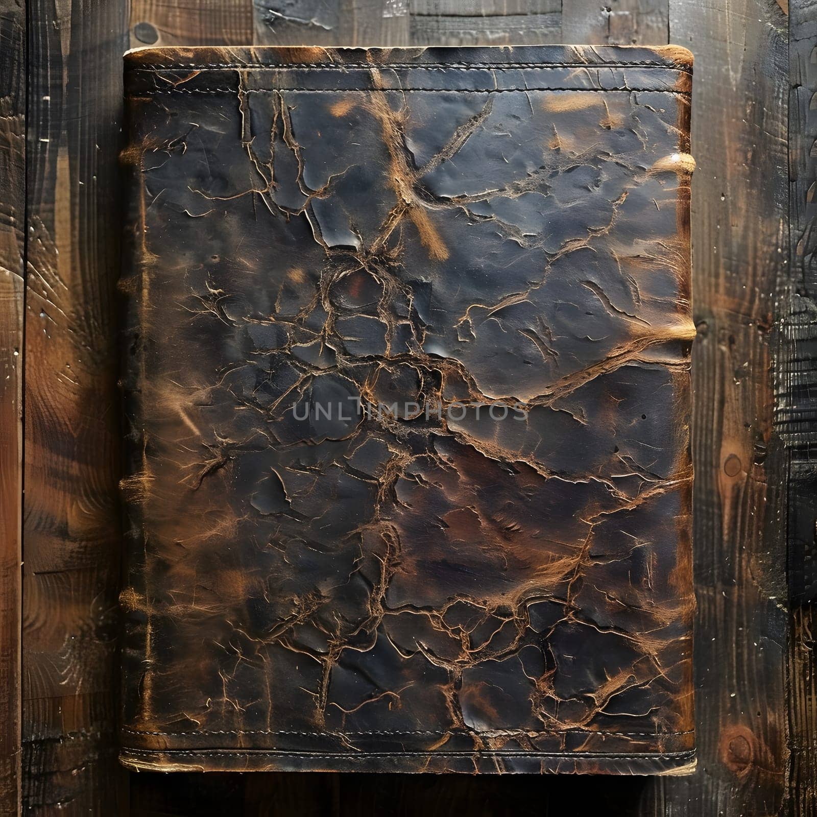 Brown leather book rests on wooden table, creating a natural material artifact by Nadtochiy
