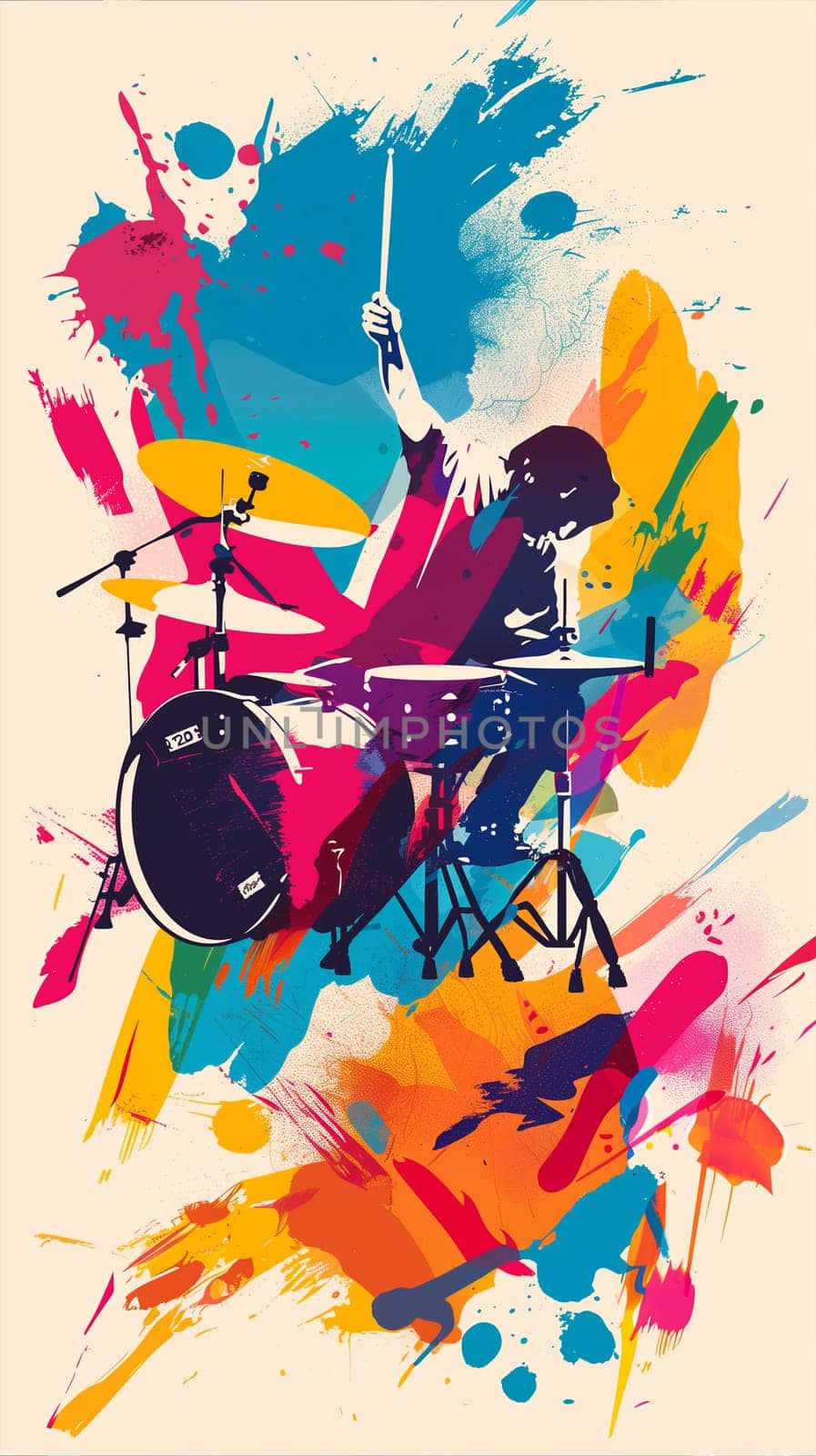 A drummer energetically playing drums while vibrant paint splatters cover the drums and the drummer, adding a dynamic and colorful element to the performance.