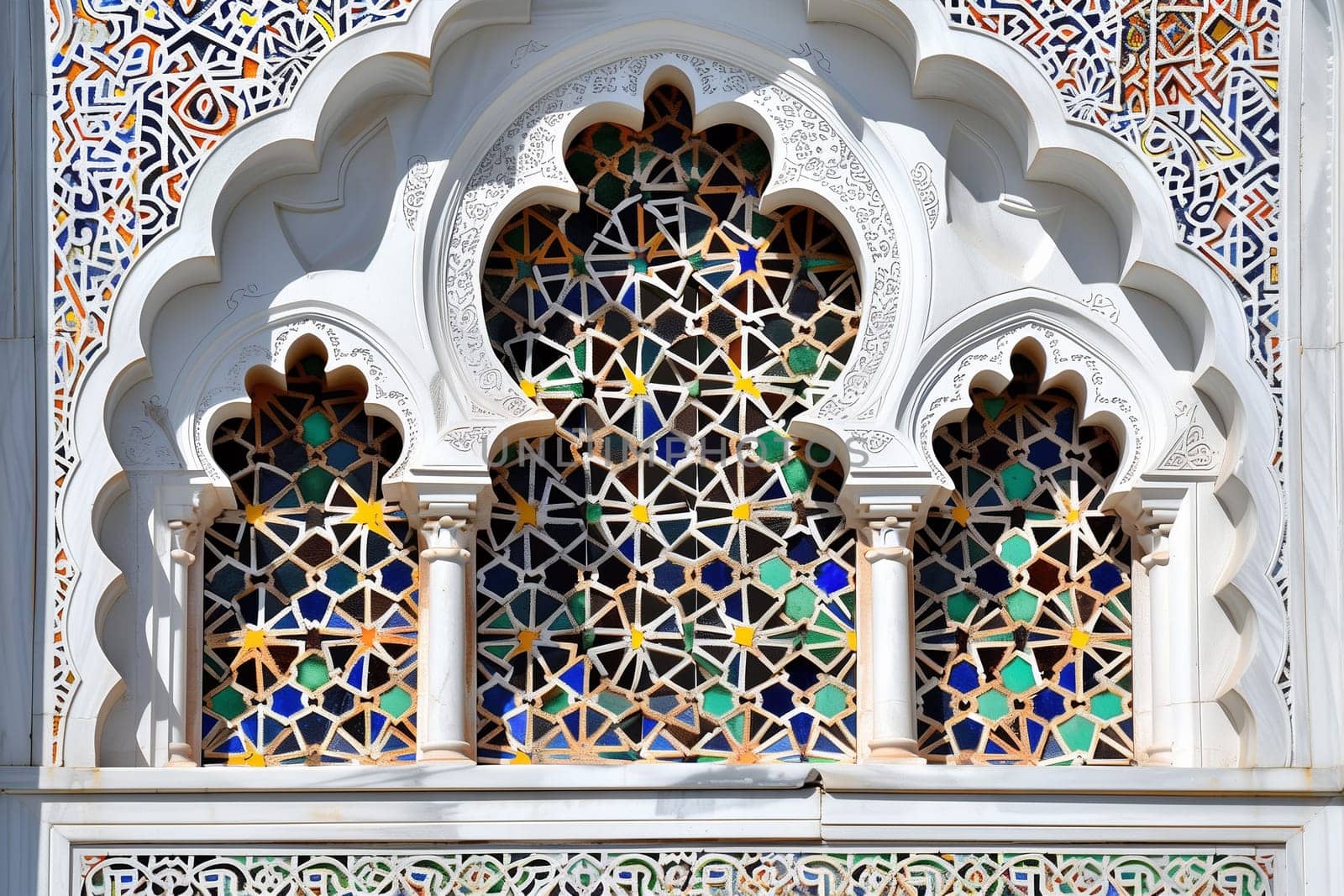 A window featuring a detailed and elaborate decorative design on the side, showcasing traditional Islamic-inspired patterns and motifs.
