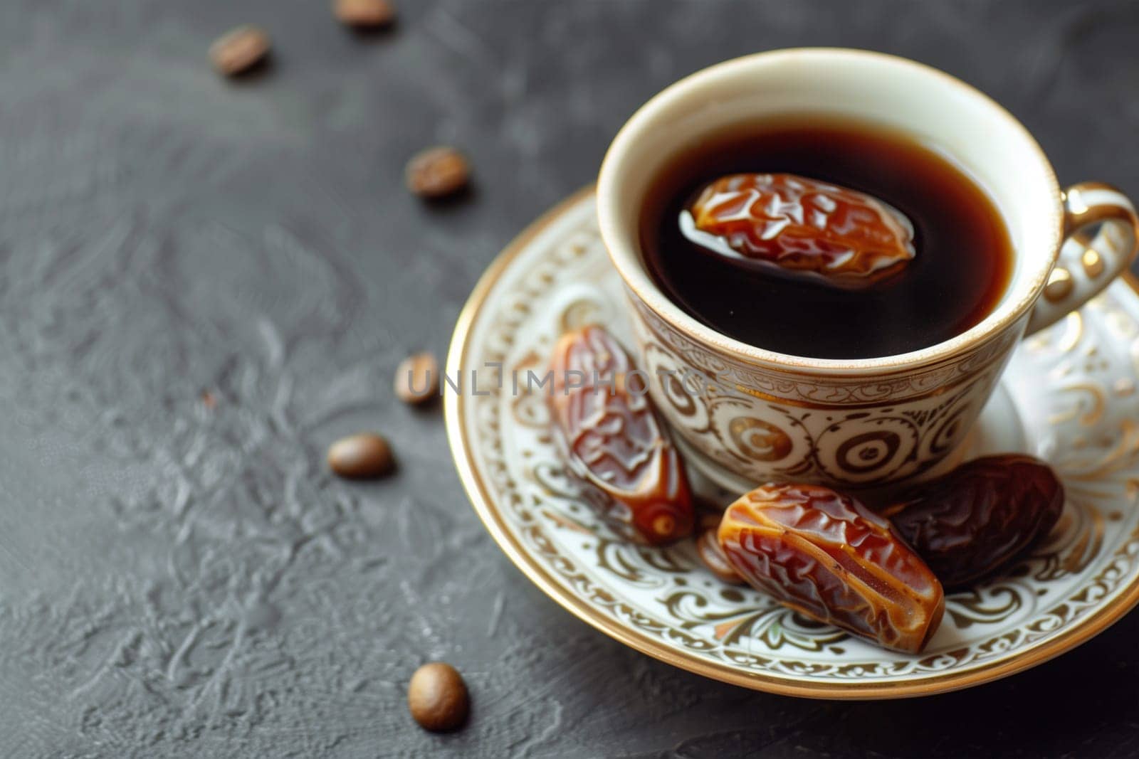 A cup of Arabic coffee accompanied by succulent dates, presented on an ornate saucer against a dark backdrop.