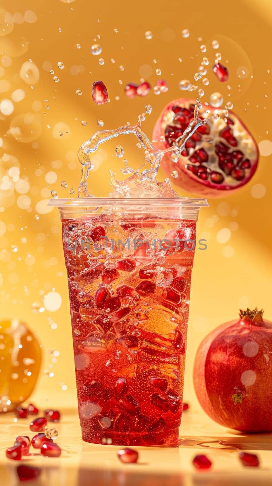 A glass of iced tea with a garnish of pomegranate slices by itchaznong