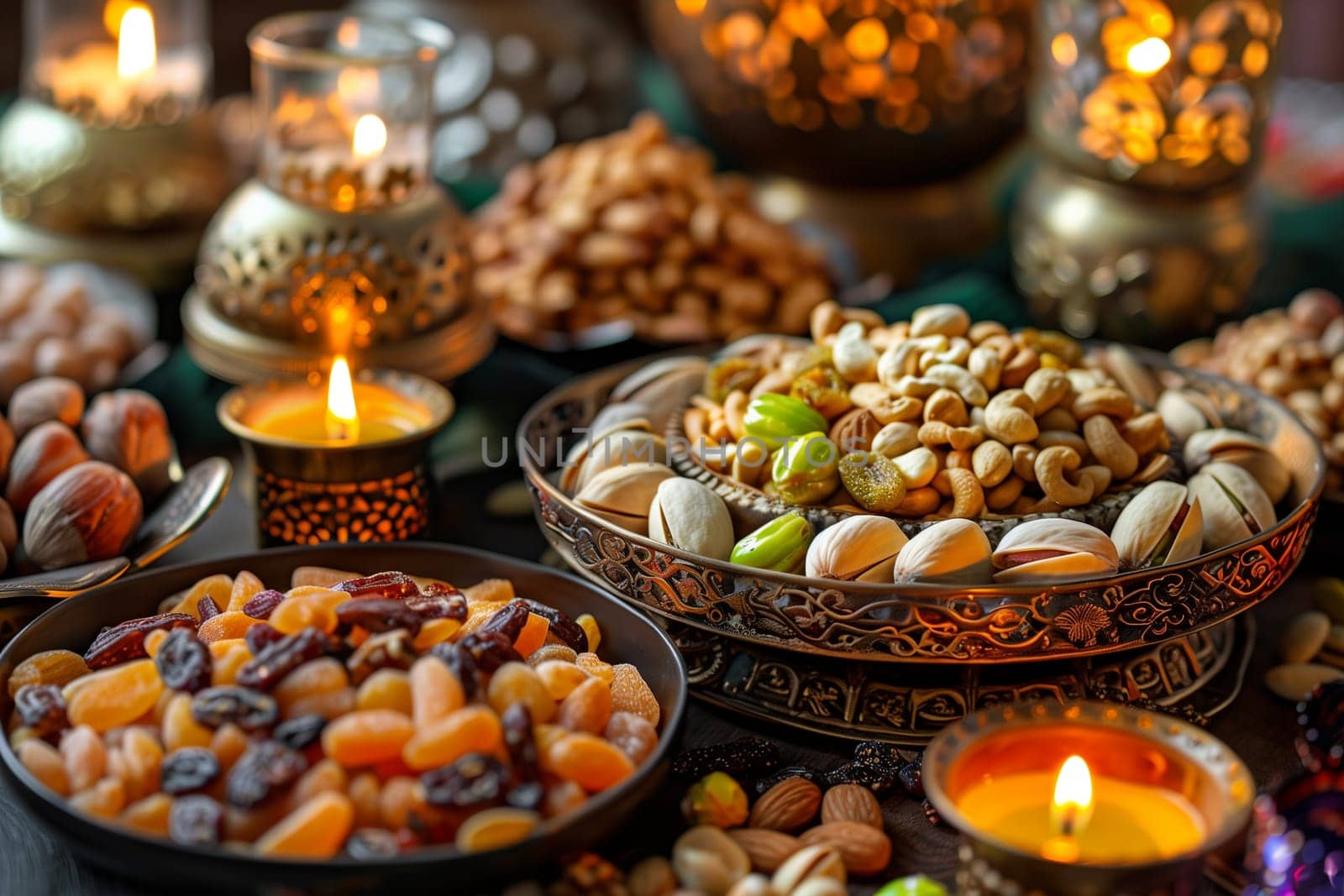 A spread of nuts and dried fruits arranged on ornate dishes, accompanied by lit candles, evokes a warm ambiance for a festive Islamic celebration.