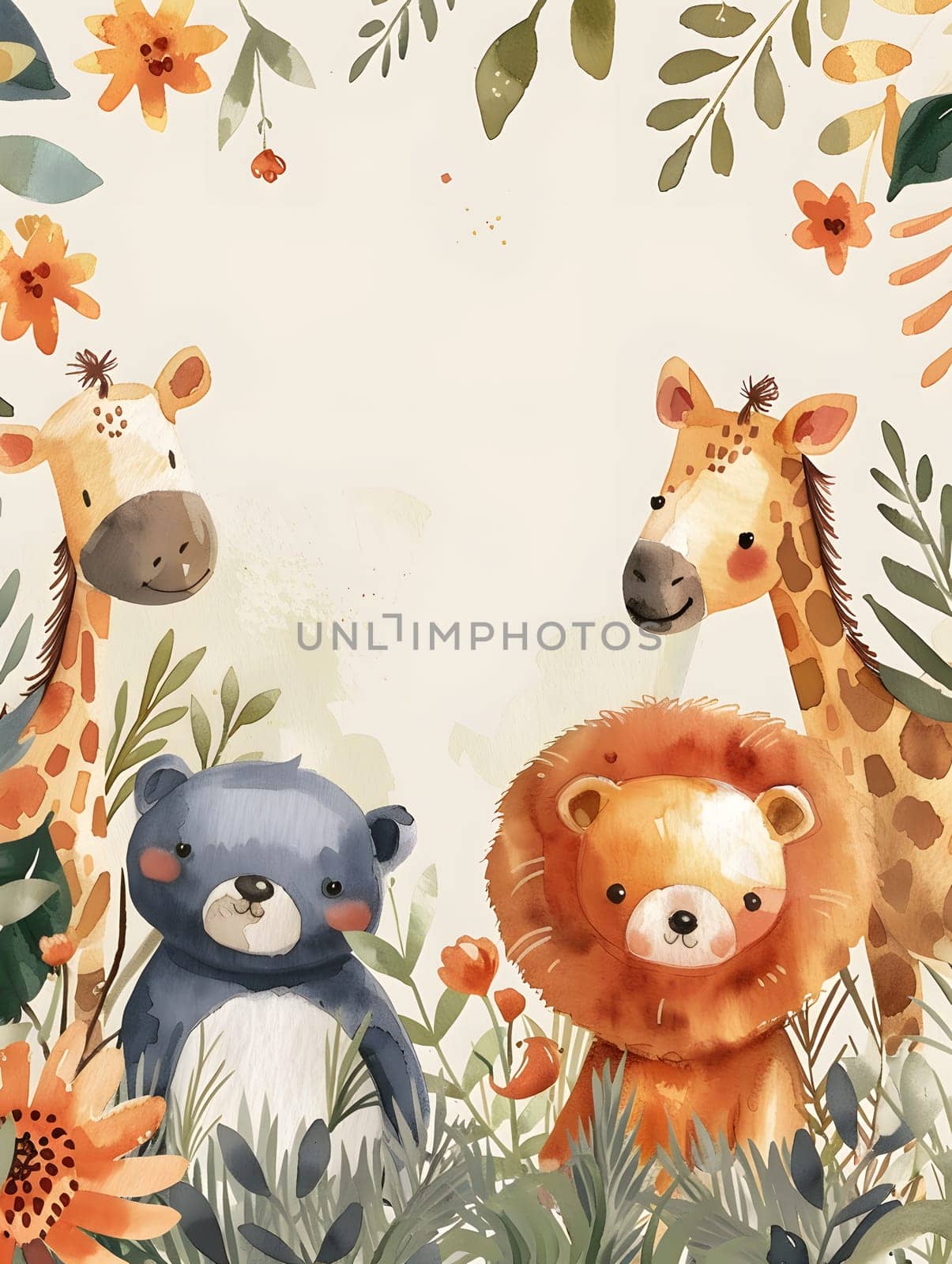 A giraffe, a lion, a bear, and a teddy bear in a flowerfilled field by Nadtochiy