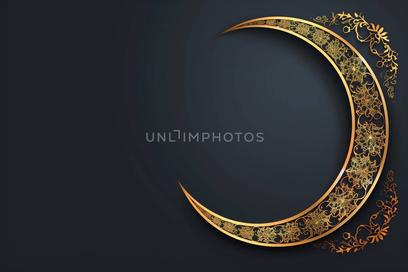 A golden crescent shape stands out on a solid black background, showcasing a symbol often associated with the Islamic faith.
