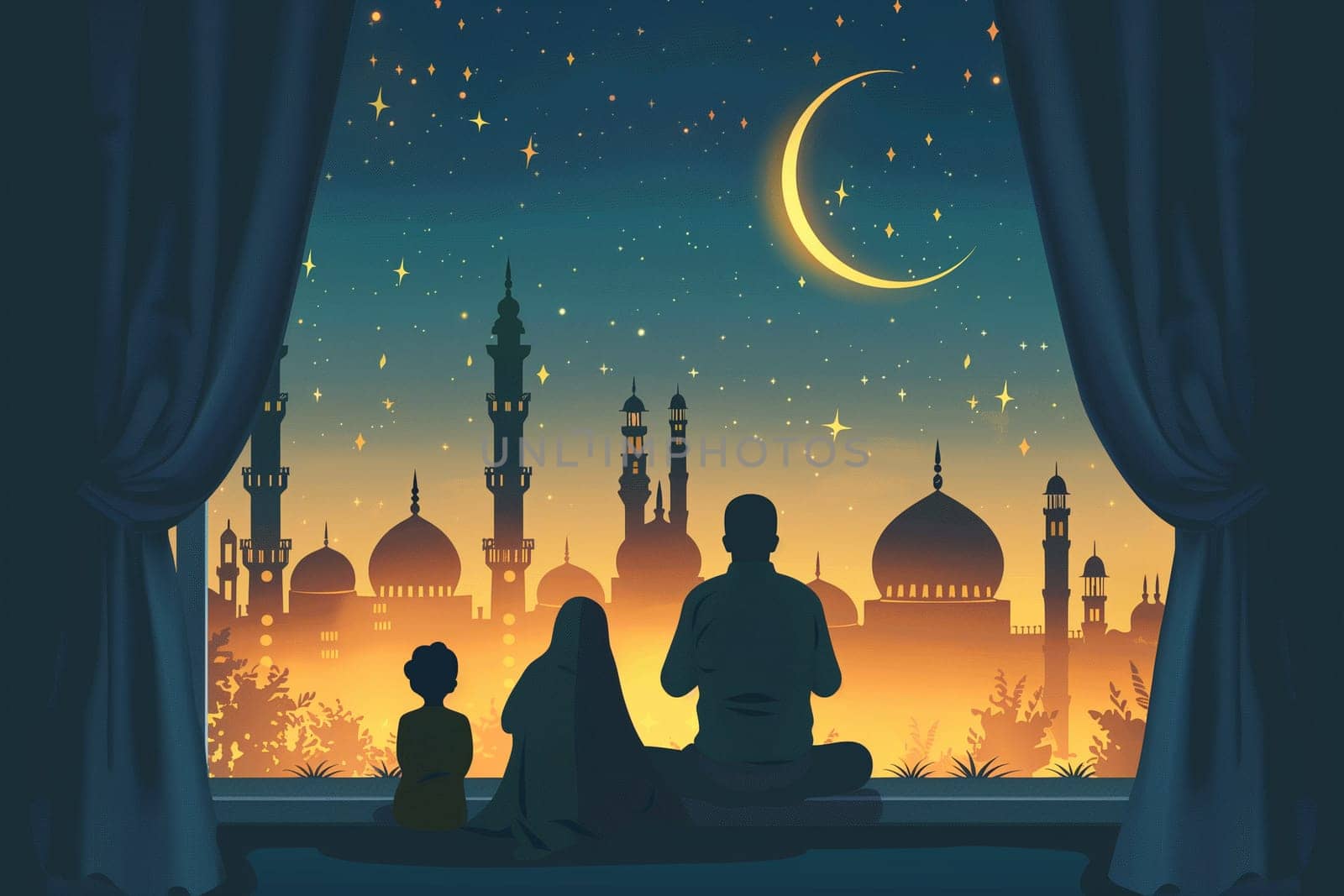 Serene Night View of a Family Observing a Crescent Moon From Their Window Overlooking an Islamic Cityscape by Sd28DimoN_1976