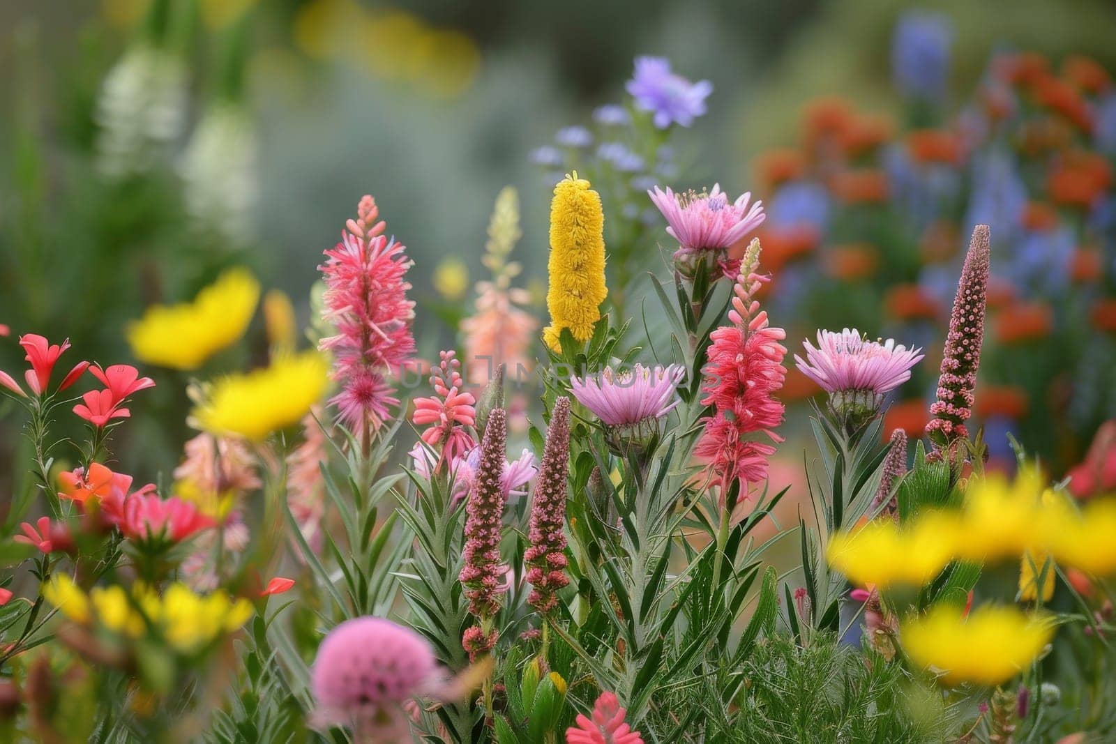 A garden with a variety of flowers including pink, yellow, and purple. The flowers are in full bloom and are arranged in a way that creates a colorful and vibrant scene