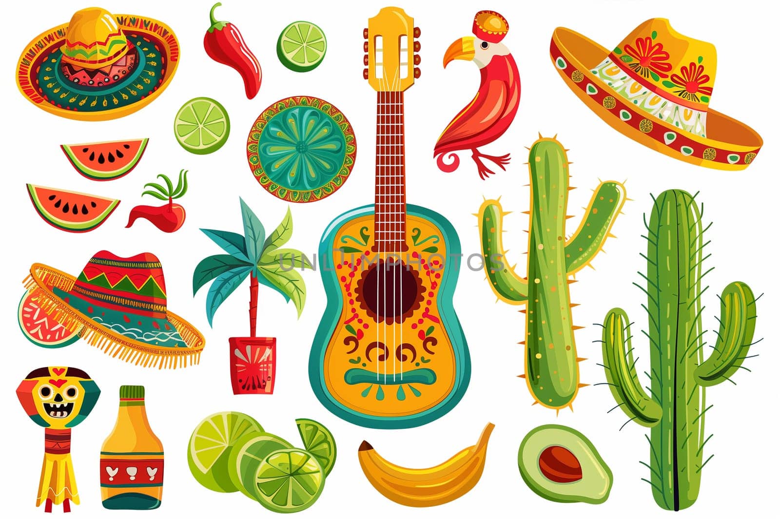 A colorful assortment of Mexican cultural symbols, including skulls, cacti, and musical instruments, representing Cinco de Mayo festivities.