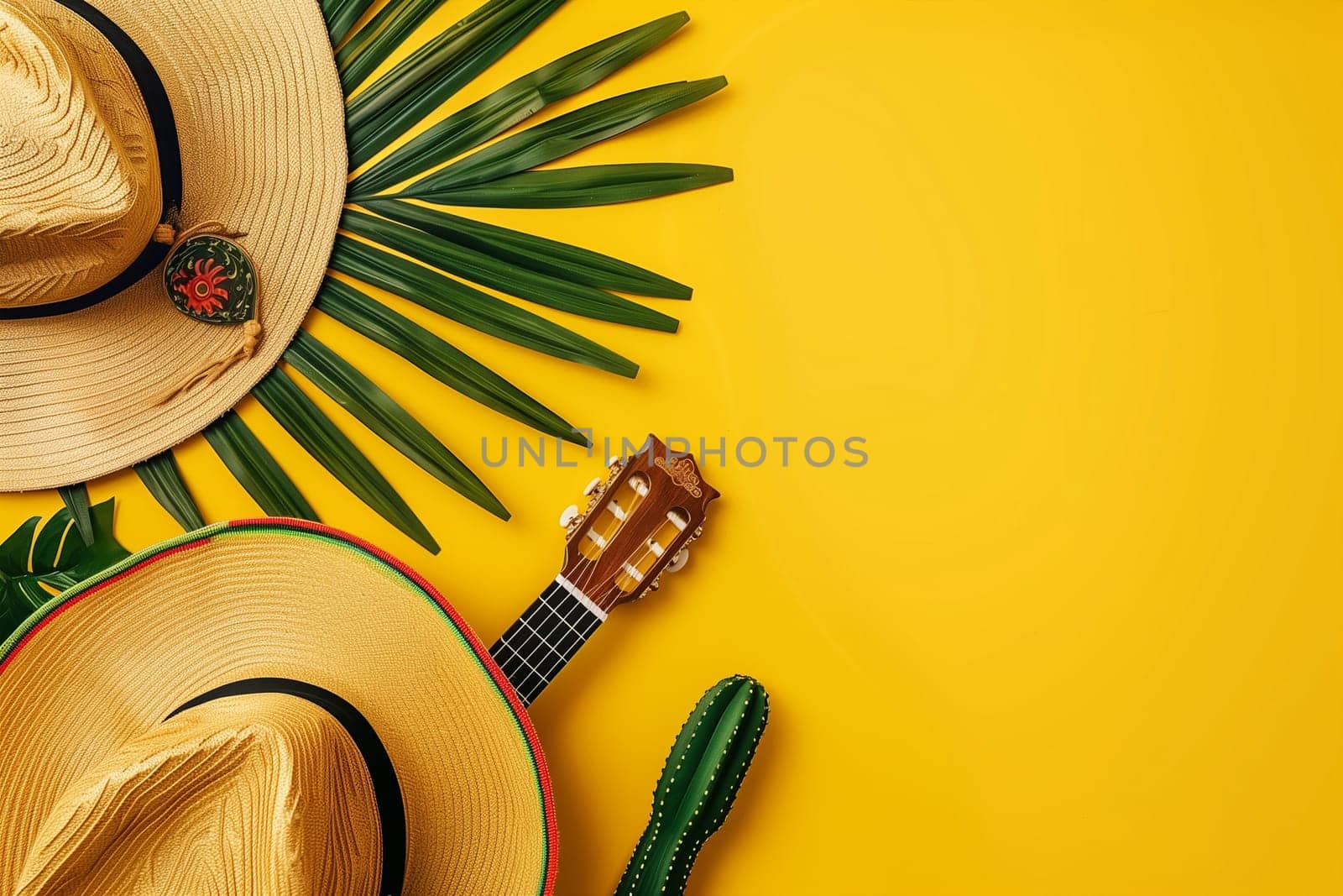 A festive display for Cinco de Mayo featuring a traditional Mexican serape, a sombrero, a guitar, cacti, a flower, and palm leaves.
