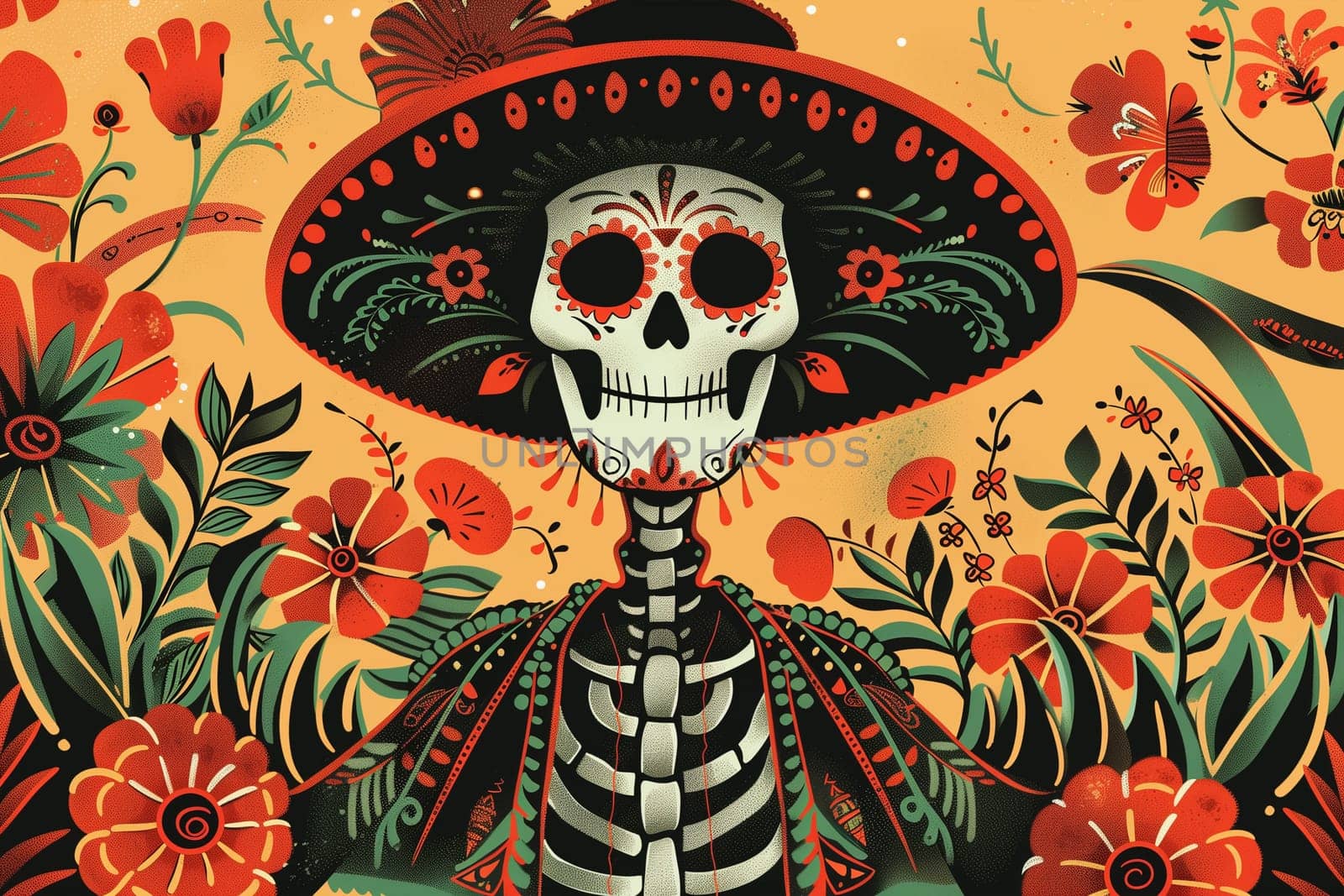 A painting of a skeleton adorned with a traditional Mexican sombrero.