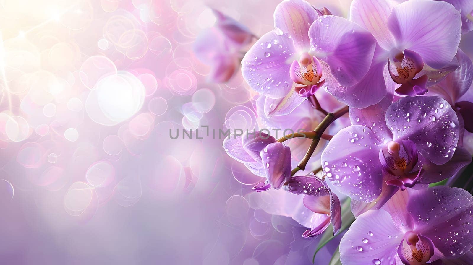 A cluster of vibrant purple orchids with water droplets on their petals, set against a purple background, showcasing the beauty of this flowering plant