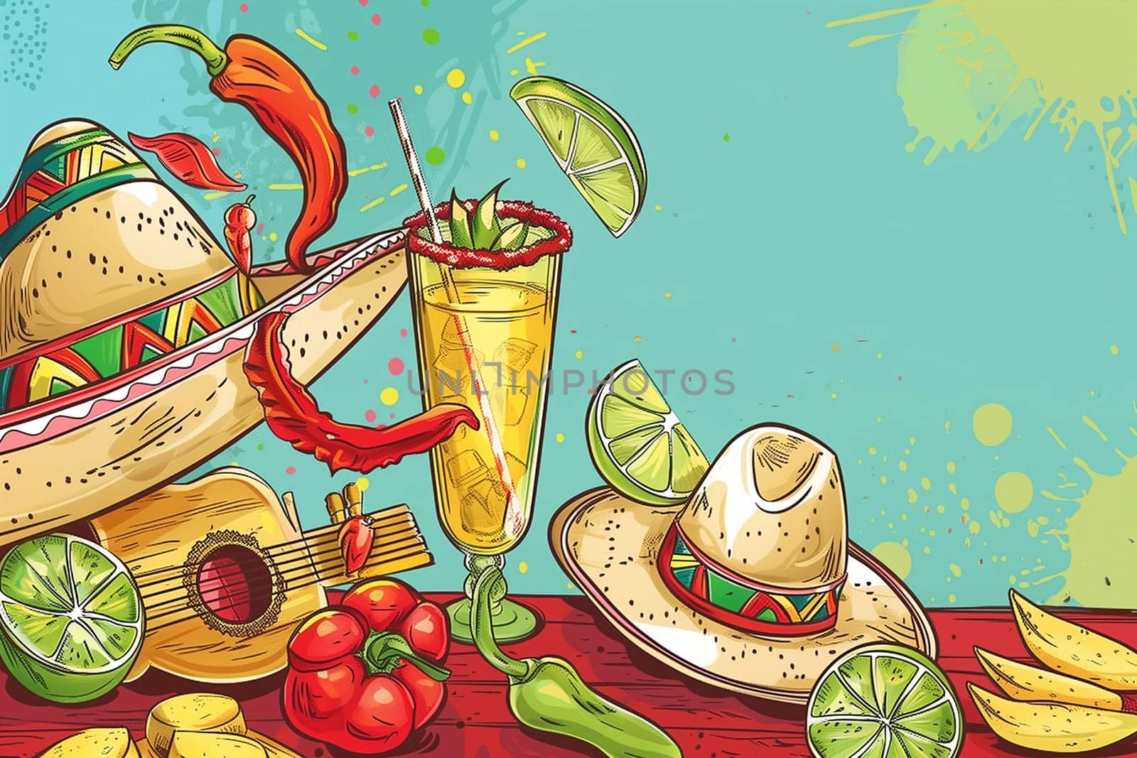 A colorful painting depicting various Mexican food and drinks spread out on a table, showcasing traditional dishes like tacos, guacamole, margaritas, and tamales.