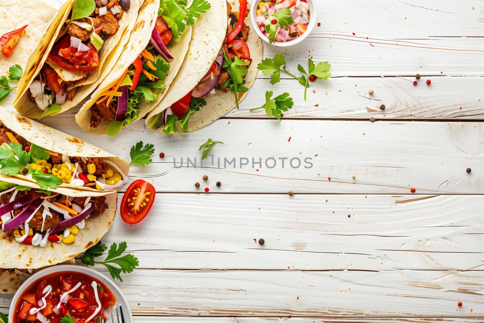 Several tacos are arranged neatly on top of a white table.
