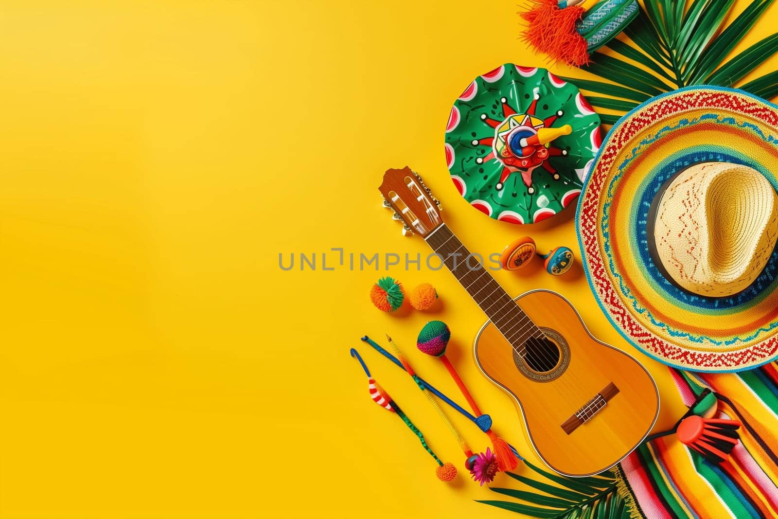 A guitar, Mexican sombrero, and assorted items are arranged on a vibrant yellow background.