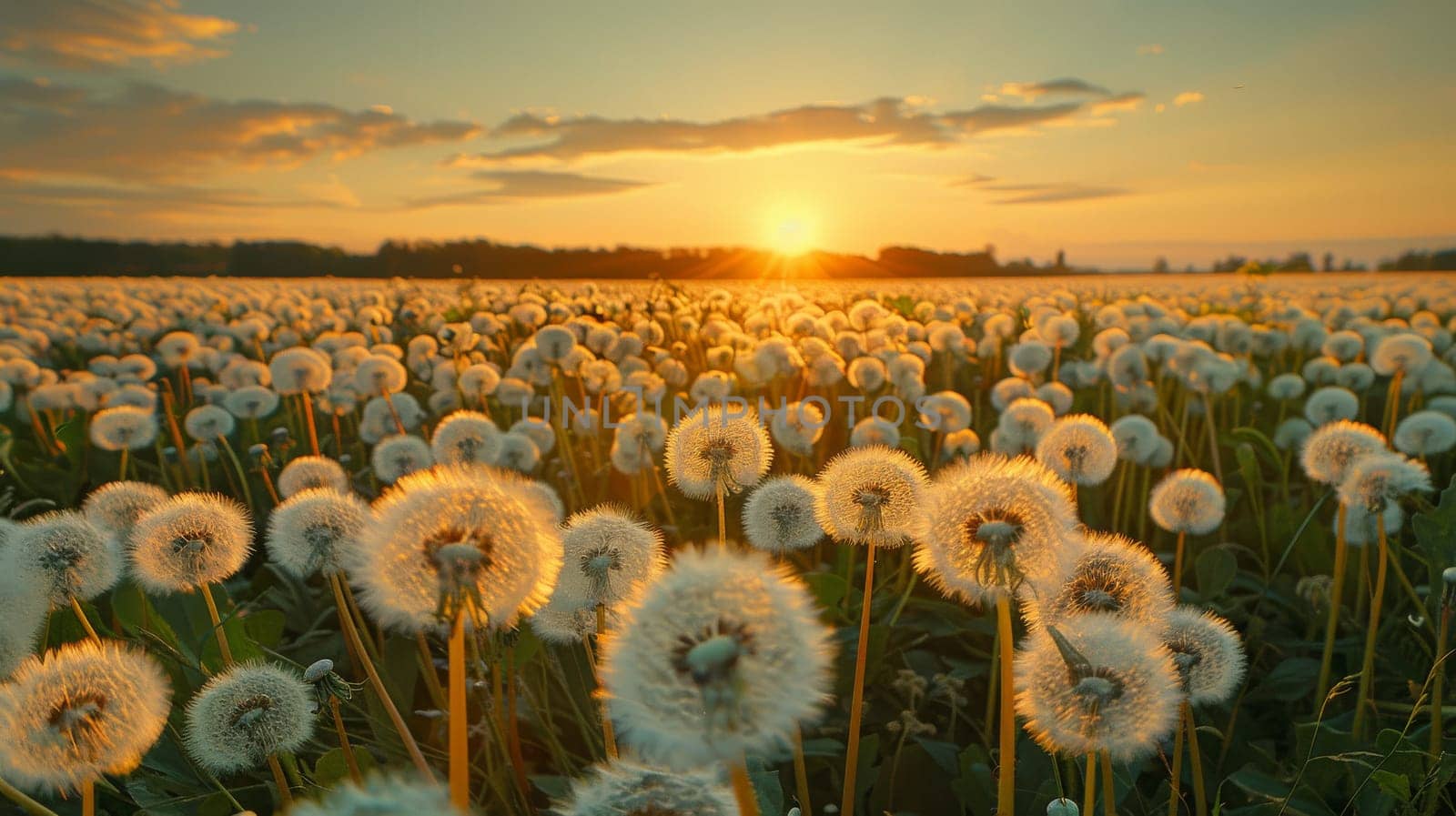 A field of dandelions is in full bloom, with the sun setting in the background by itchaznong