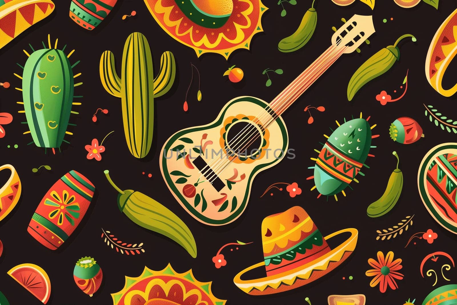 A guitar, cactus, and sombrero arranged on a black background, symbolizing Cinco de Mayo celebrations.