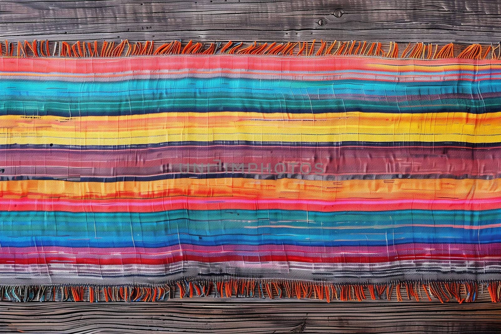 A multicolored blanket is laid out neatly on a wooden surface. The vibrant colors contrast beautifully with the rustic wood.