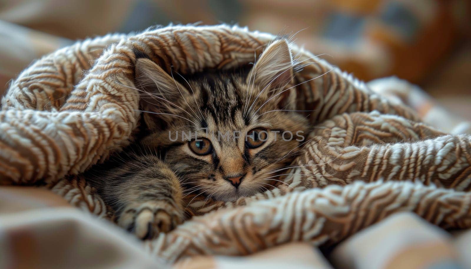 A kitten is curled up in a blanket, looking up at the camera by AI generated image.