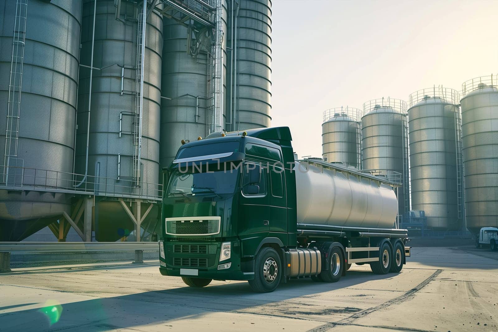 Green Tanker Truck Parked at Industrial Silo Complex During Late Afternoon by Sd28DimoN_1976