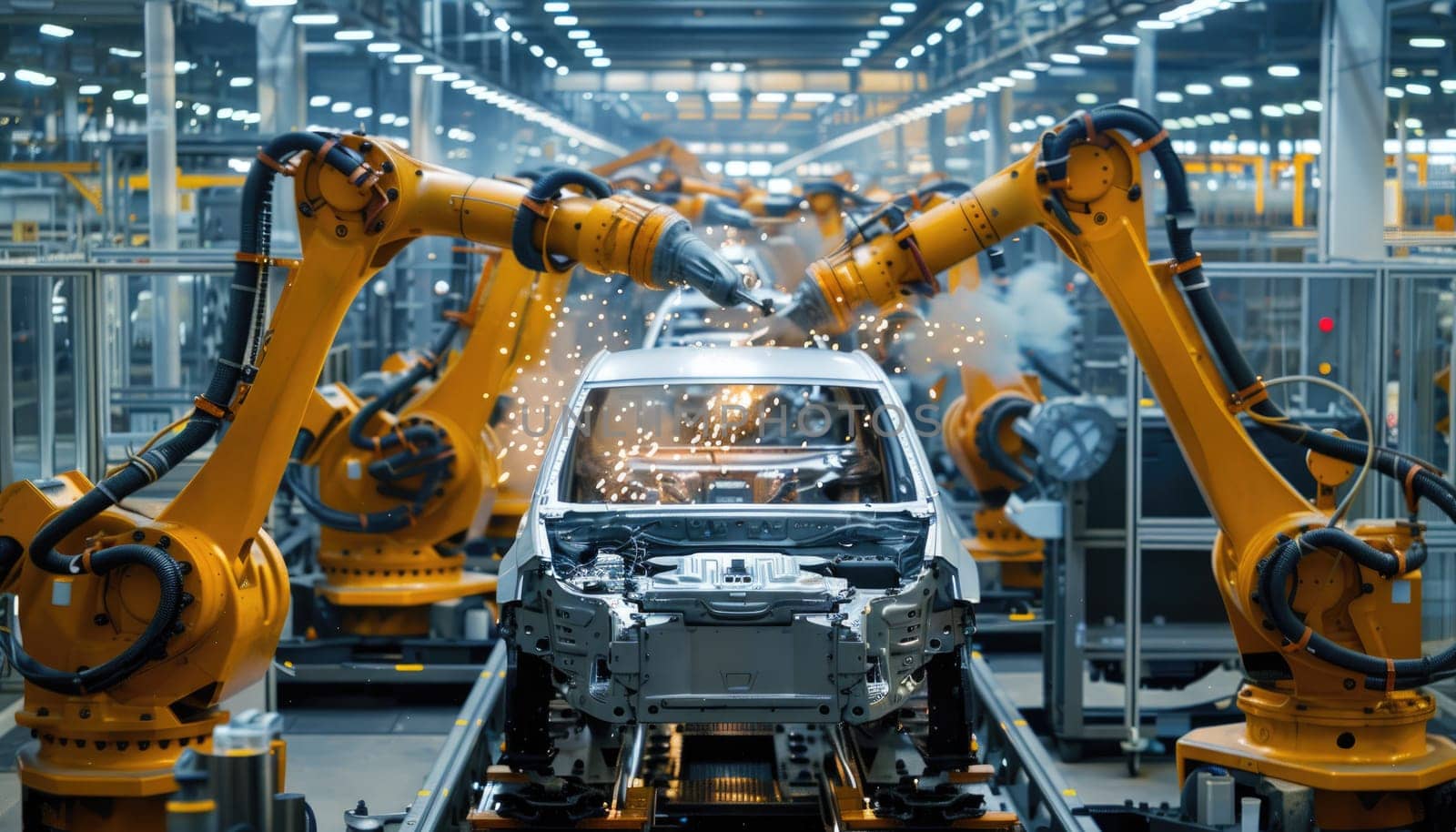 A car is being built in a factory with robotic arms by AI generated image.