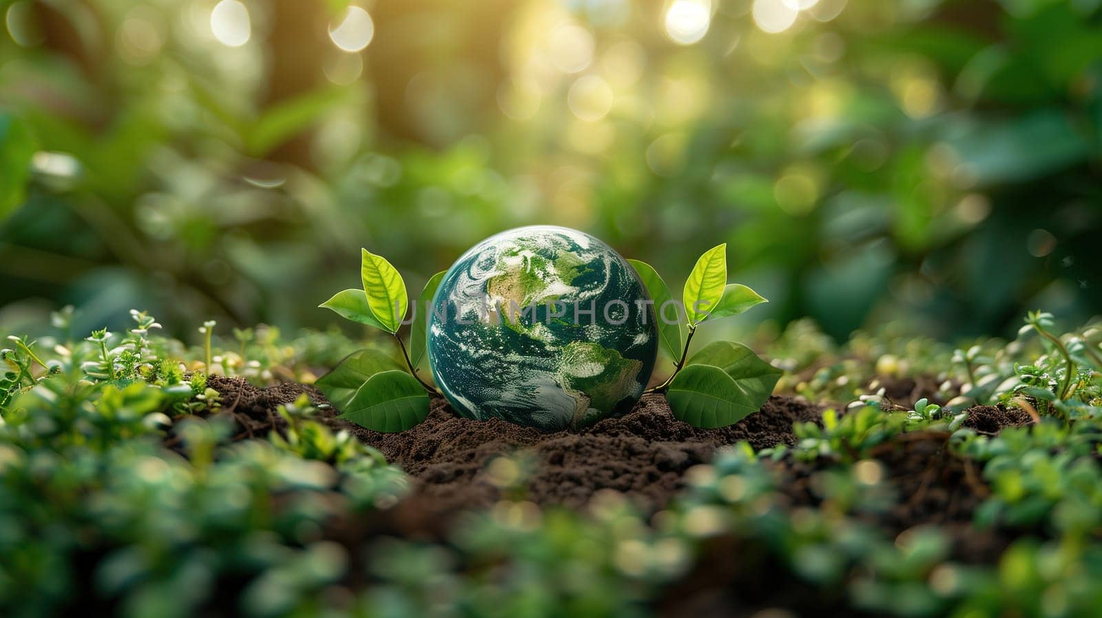 A green earth is precariously perched on top of a mound of dirt. The contrast between the vibrant green globe and the brown, textured soil is striking in this Earth Day concept.
