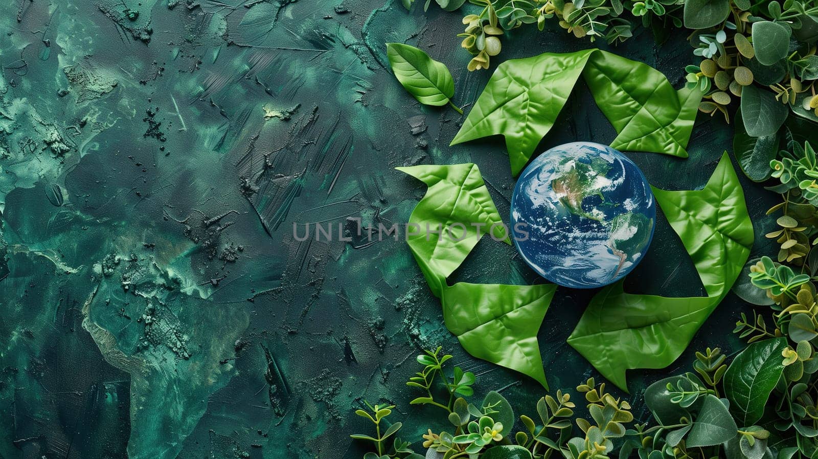 Celebrating Earth Day With a Recycle Symbol and Globe Surrounded by Foliage on a Green Background by TRMK