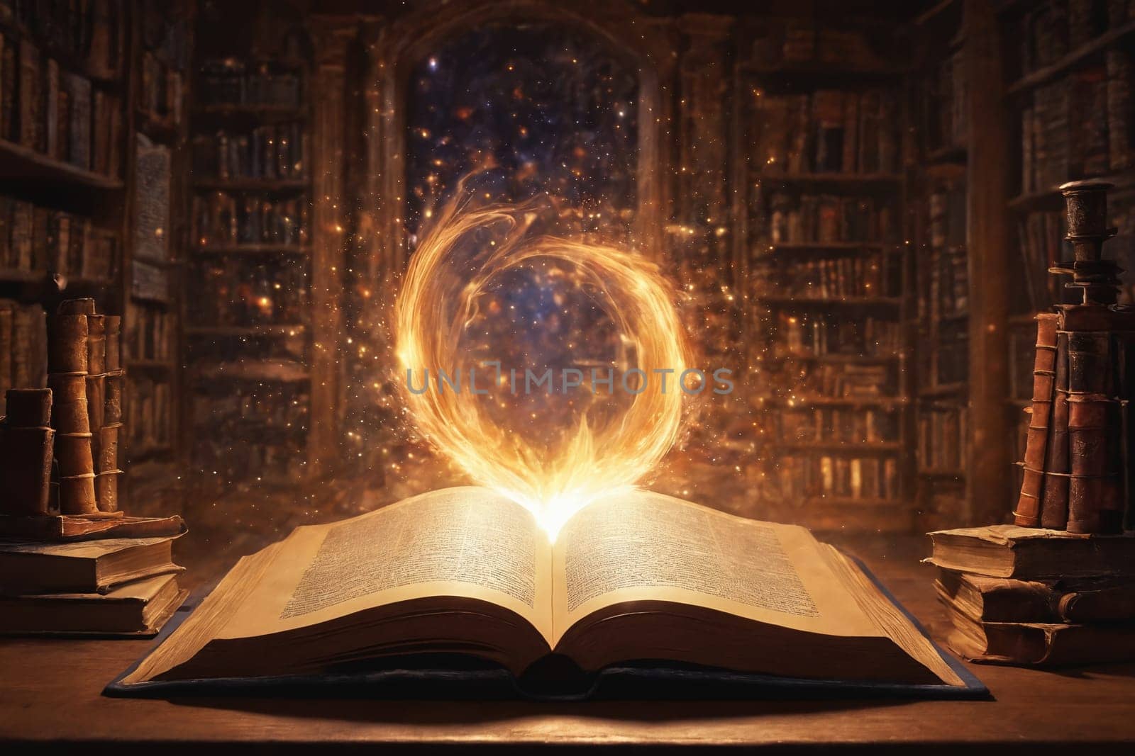 Depicting a magical book radiating an enchanting flame. Ideal visual metaphor for a thrilling, action-packed fantasy story.