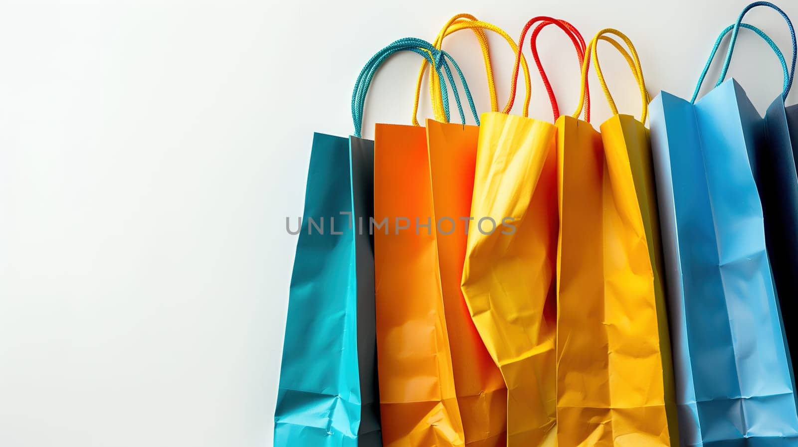 A variety of vibrant bags are displayed on a wall, showcasing different sizes, shapes, and colors. These bags are neatly arranged in a row, creating a visually appealing display for a sale or Black Friday event.