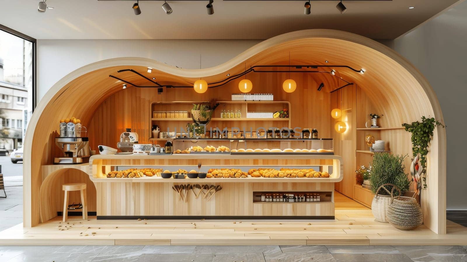 A bakery with a wooden interior and a curved counter by itchaznong
