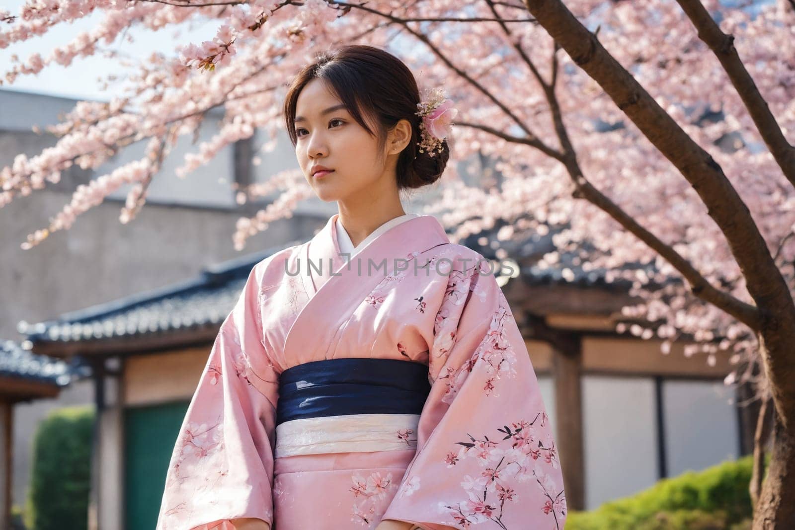 Immerse in Japanese tradition with this image of a woman in vibrant kimono, set against mesmerizing cherry blossoms. Excellent for travel, culture, or fashion-related uses.