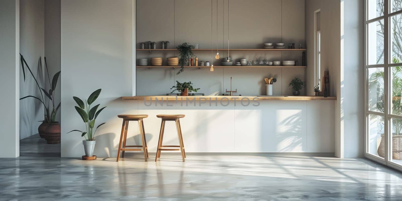 A large kitchen with white cabinets and a wooden counter by AI generated image by wichayada