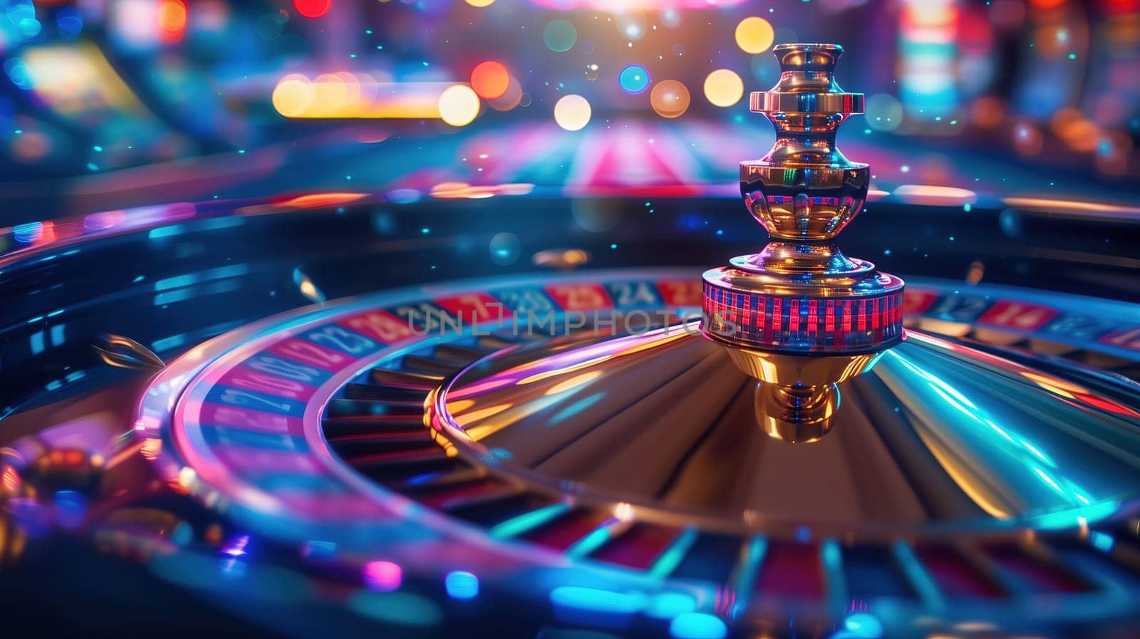The image shows a close-up view of a casino roulette wheel with numbers and colors on it. The spinning ball is about to determine the winning number.