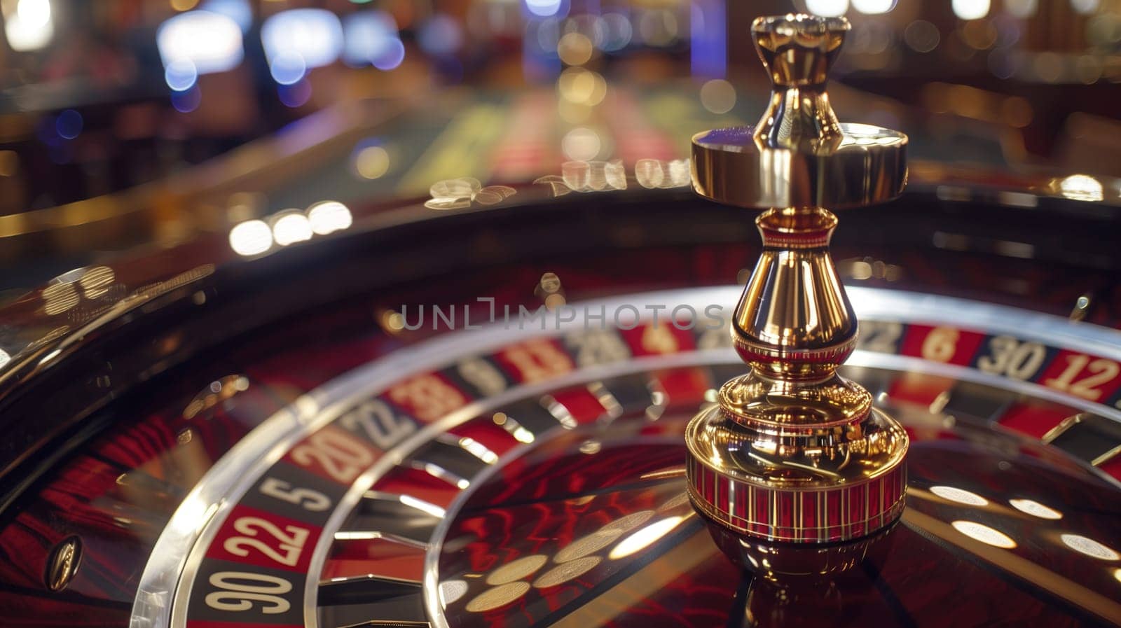 A close-up of a roulette wheel at the peak of a gambling session, with the focus on the shiny golden spinner and the blurred background suggesting the bustling atmosphere of a casino floor. The richly colored numbers and pockets add to the luxurious feel of the game.