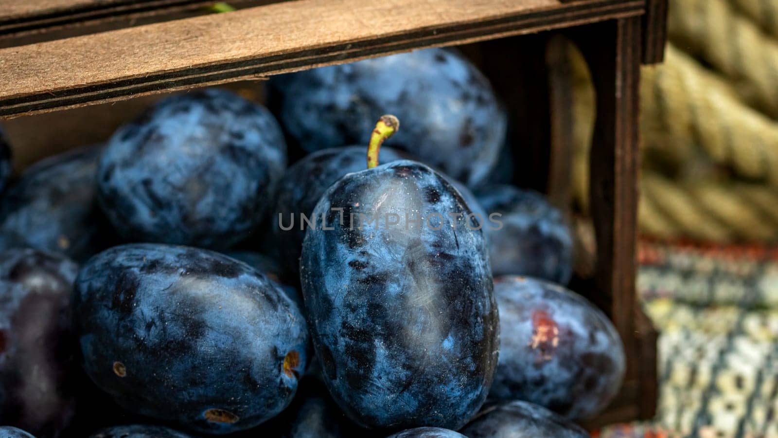 Ripe blue plums in a wooden crate in a rustic composition.  by vladispas