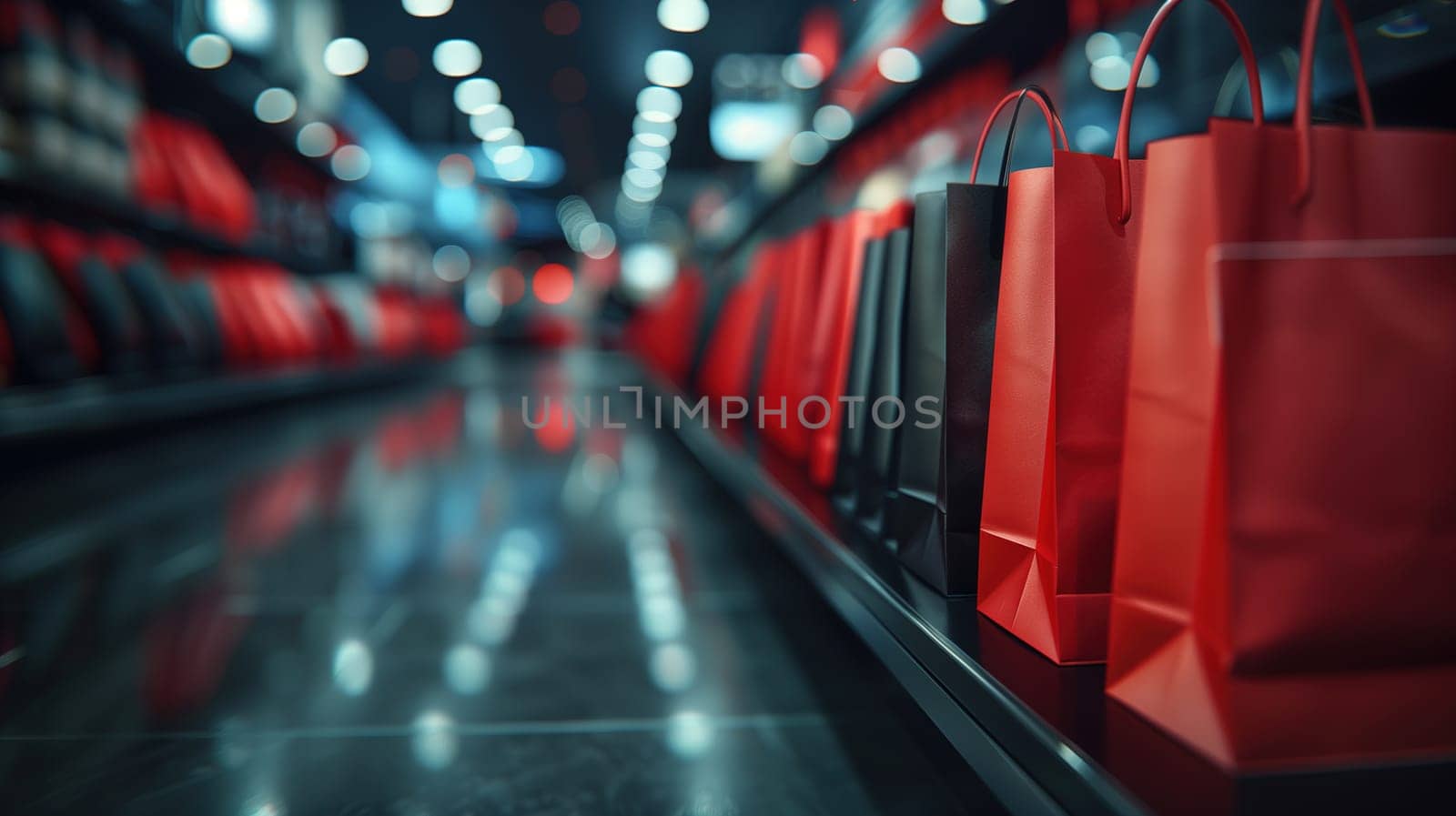 A straight row of vibrant red bags lined up neatly on top of a clean floor. These bags are part of a sale concept, possibly indicating a Black Friday event or promotion.