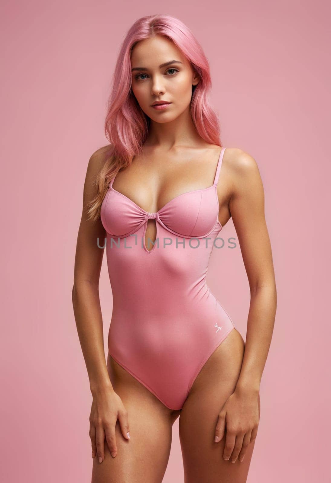 Model in pink swimsuit against a matching background, epitomizing pink fashion.