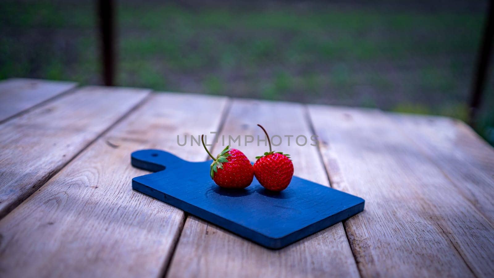 Close up of two strawberries on small black cutting board isolated outdoor on wooden table. by vladispas