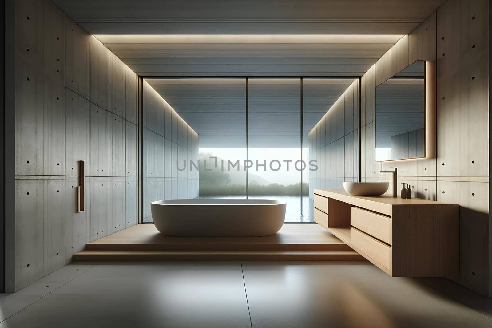 Modern bathroom interior with stone bathtub and glass wall overlooking the garden by Annado