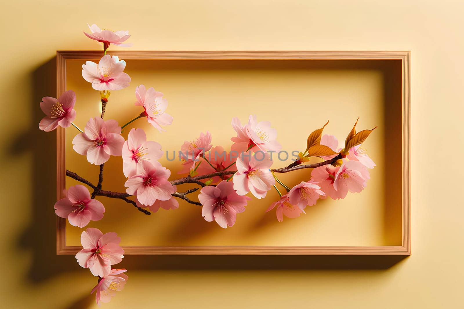 Pink blossoming sakura branch close-up in a frame on a yellow wall by Annado