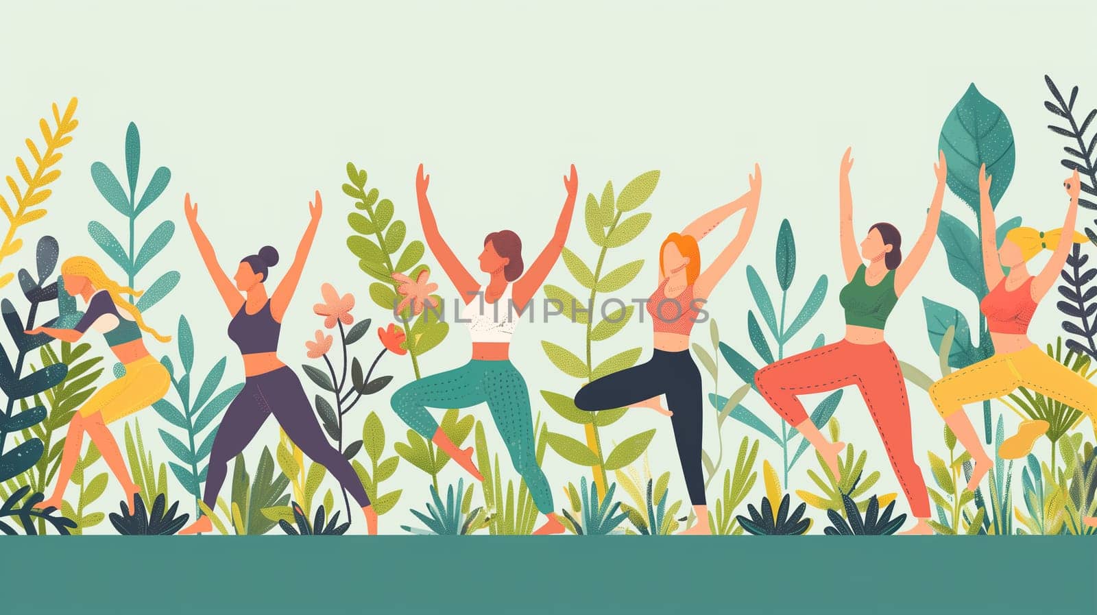 Several individuals engaged in various yoga poses in a grassy field under a clear sky. They are focused and concentrated on their movements and breath, finding inner peace and strength through their practice.
