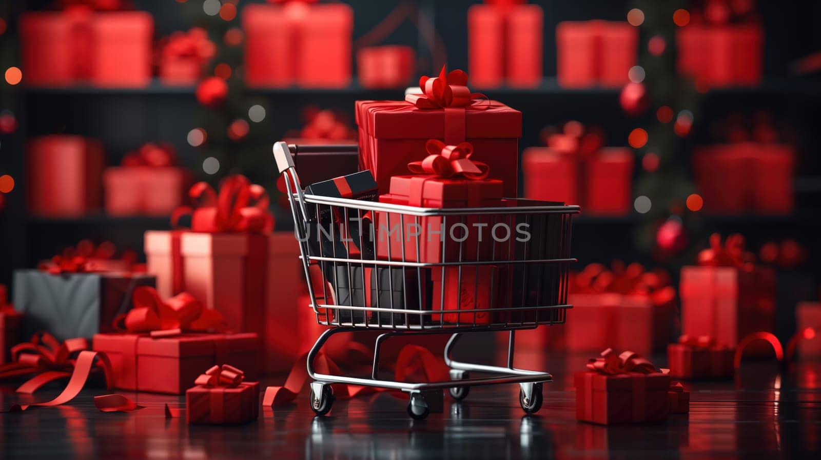 A shopping cart filled with colorful presents is positioned in front of a beautifully decorated Christmas tree. The scene captures the essence of holiday shopping during the festive season.