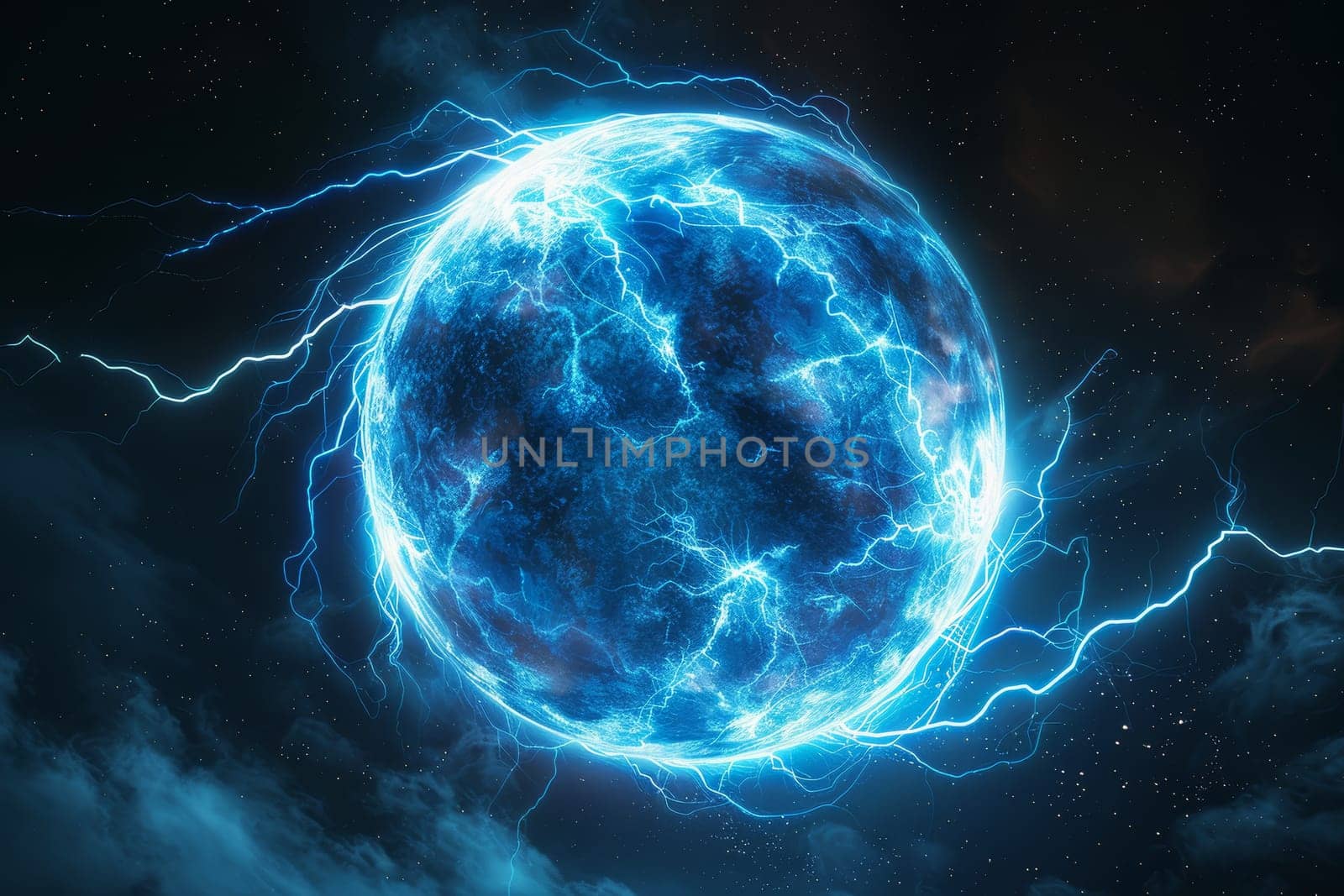 A blue and orange glowing ball with lightning bolts surrounding it by itchaznong