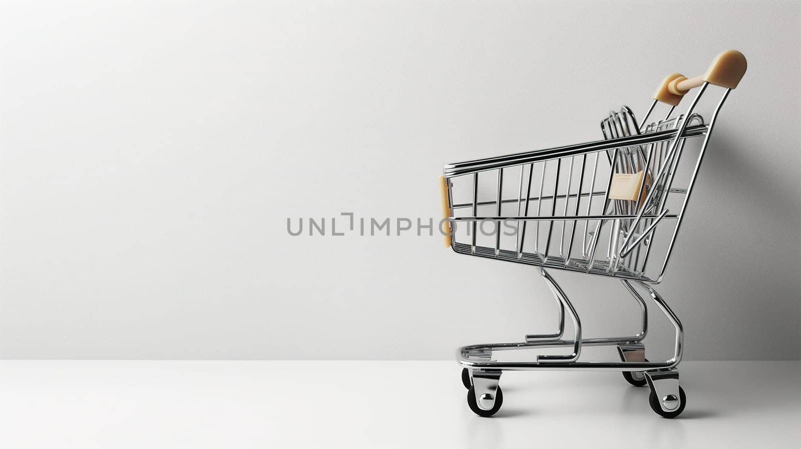 A silver shopping cart with a sturdy wooden handle stands ready for use, symbolizing the sale and Black Friday concepts. The cart is designed for carrying goods in a store or supermarket.