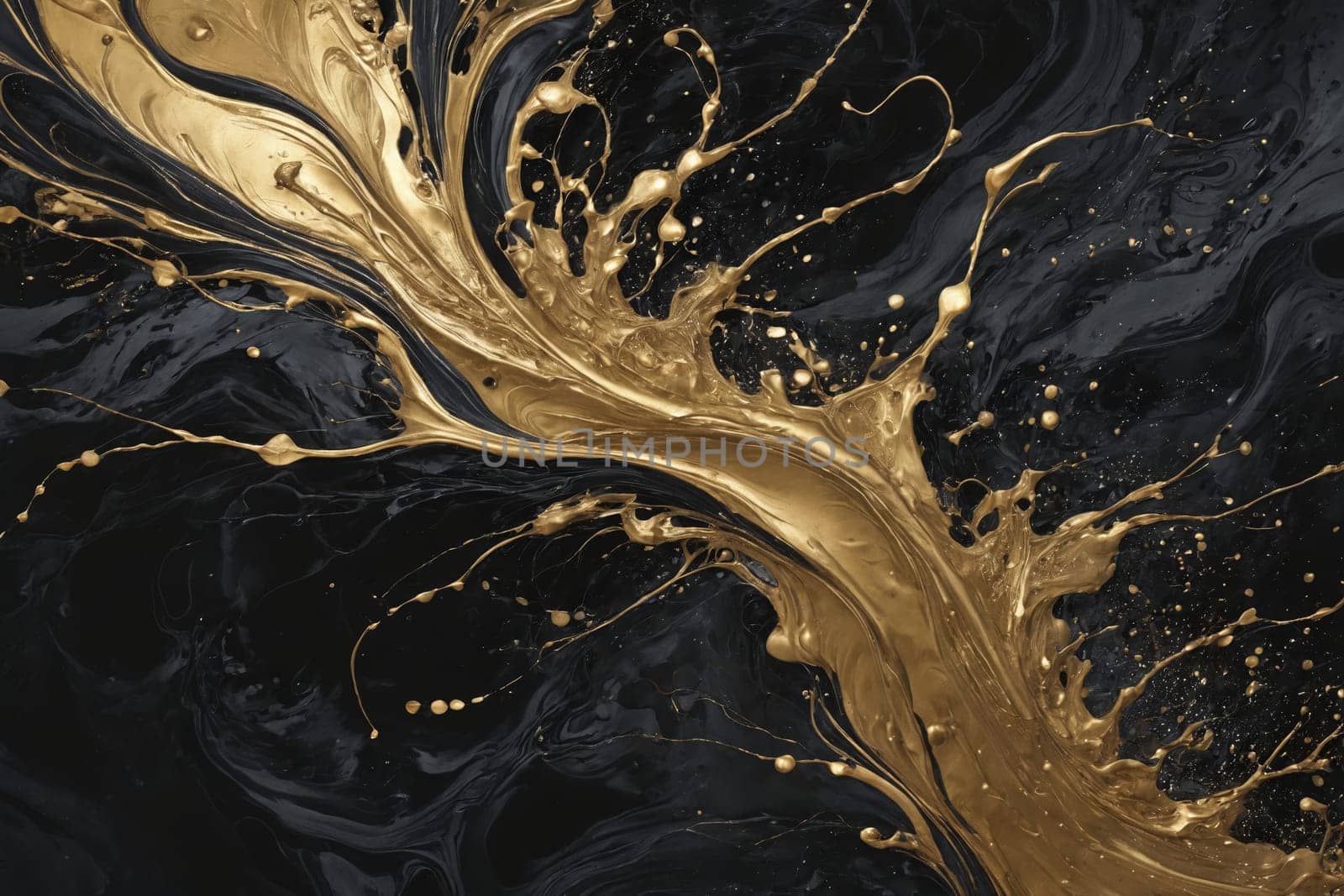 A mesmerizing pattern of flowing gold paint stands out against a deep black backdrop.
