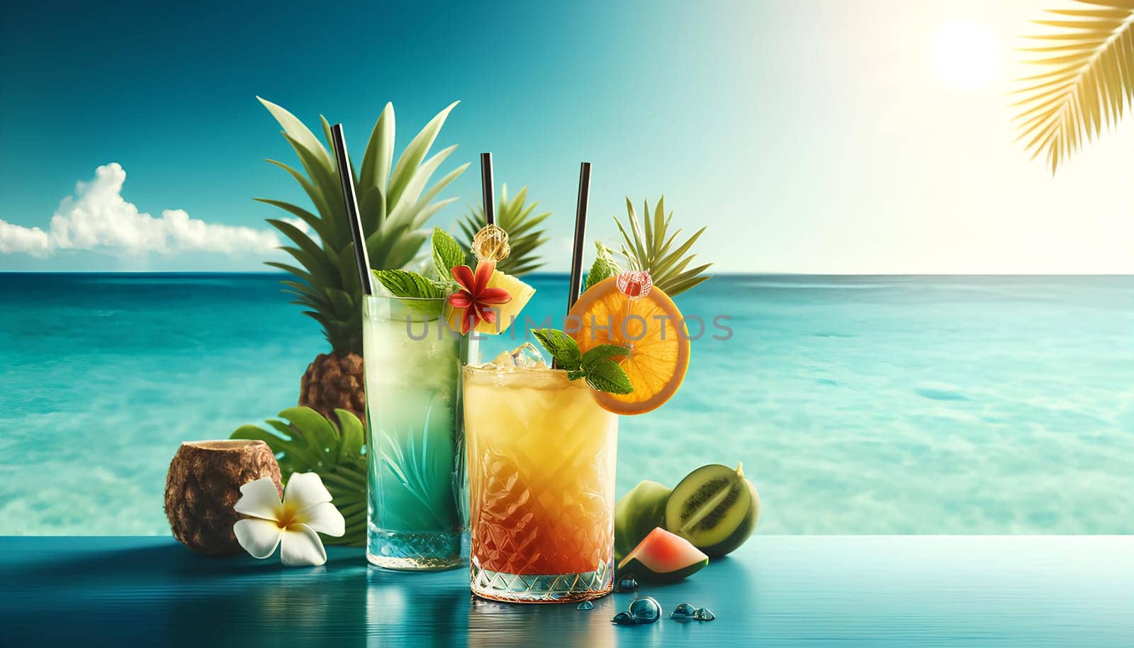Two beautiful decorated tropical cocktails, pineapple and kiwi against the ocean skyline on a sunny day by Annado