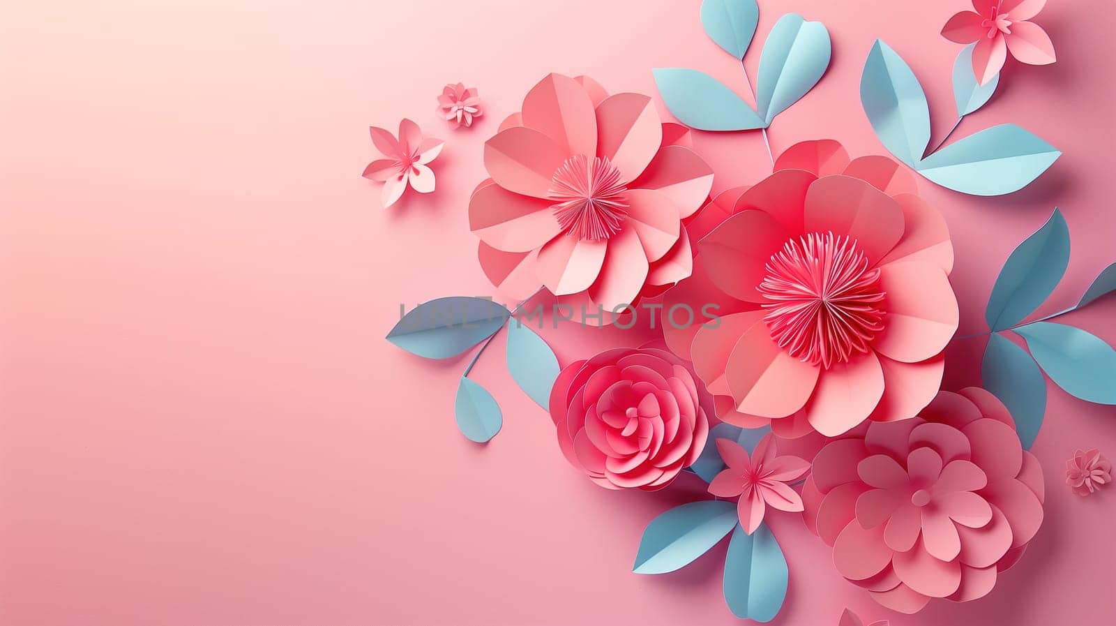 A collection of paper flowers in various colors spread elegantly on a soft pink background. The flowers are neatly placed in a bunch, creating a vibrant and cheerful display.