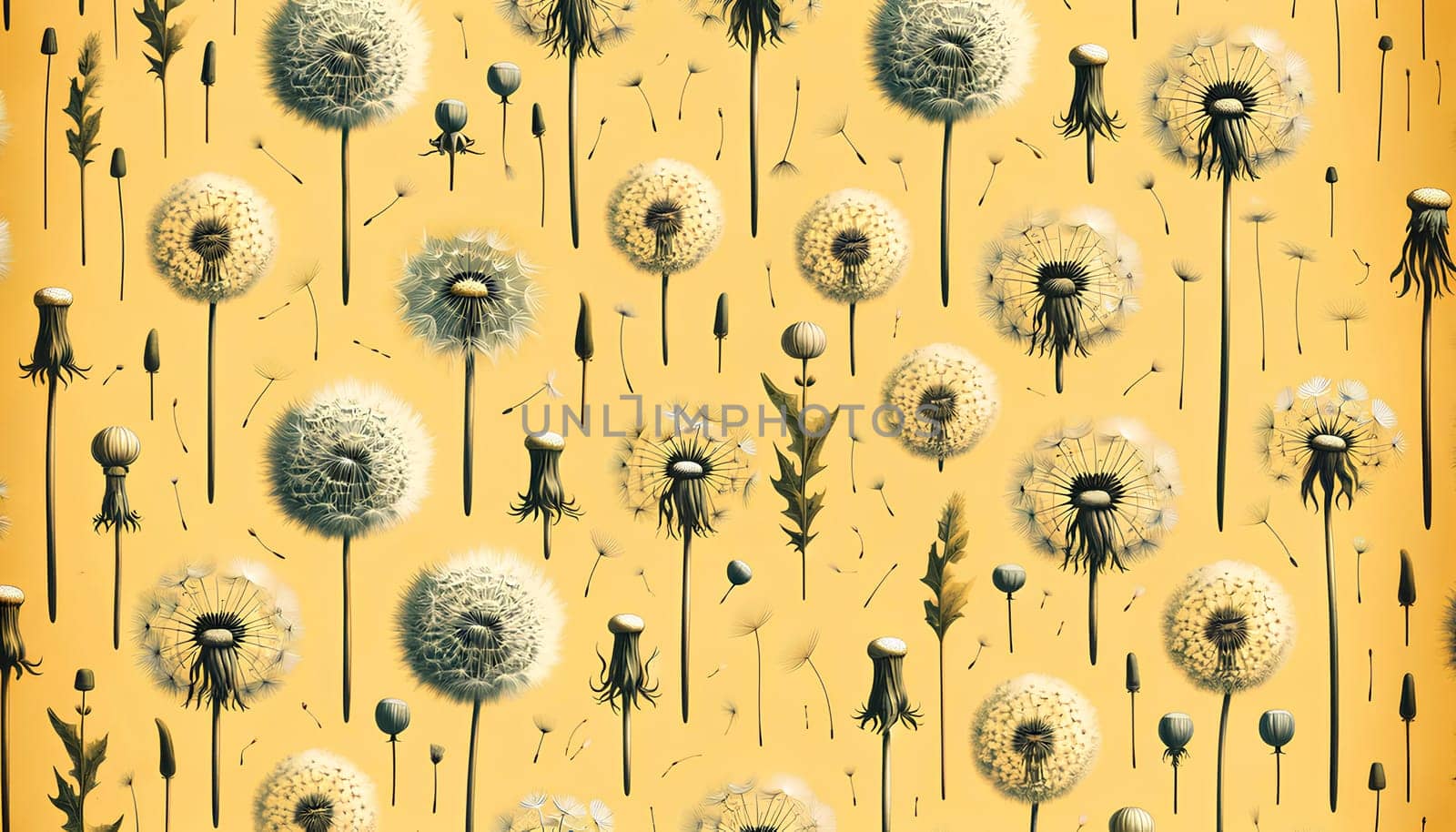 Vintage horizontal pattern of dandelions on a yellow background by Annado